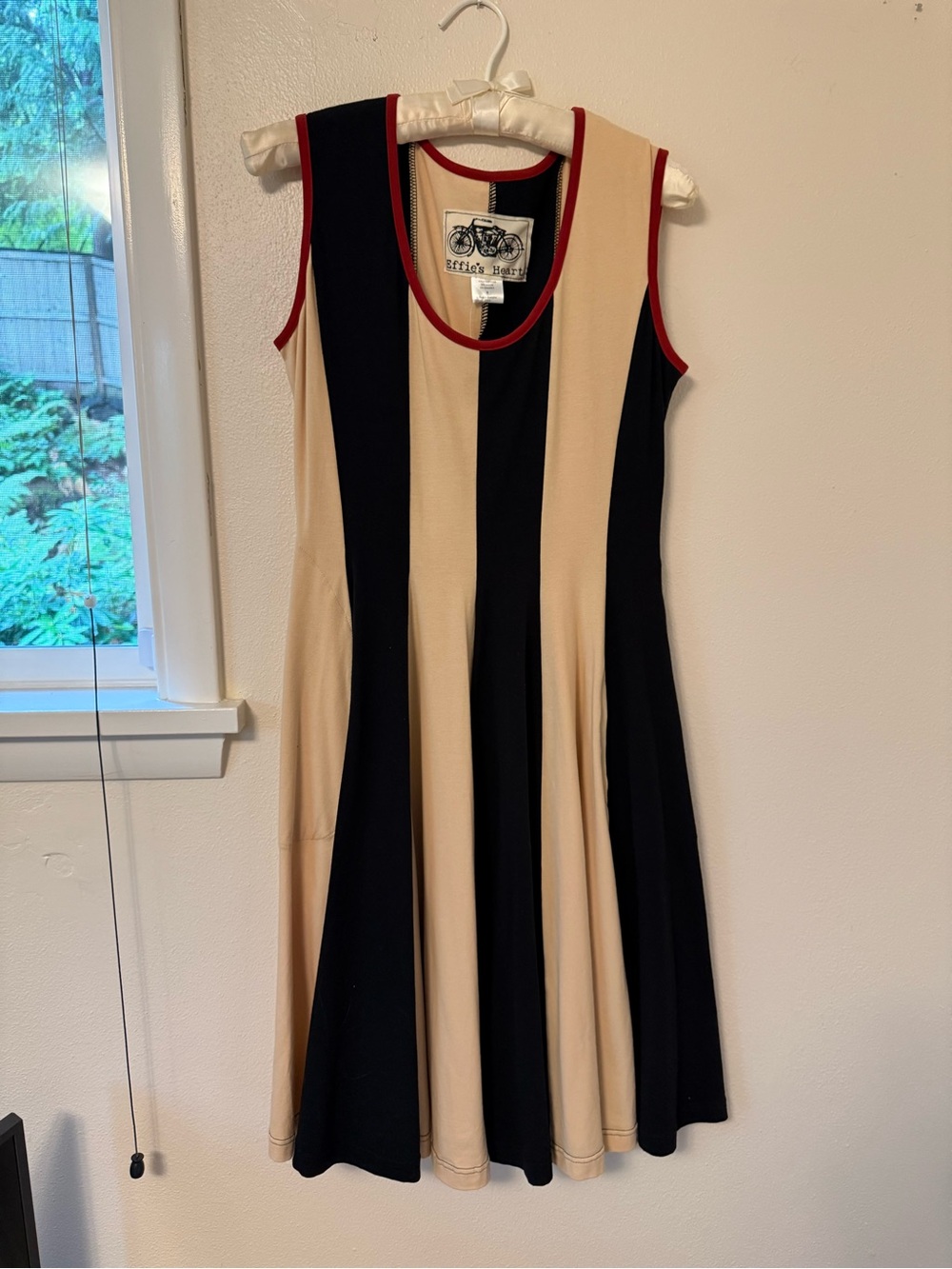 Effie's Heart Black and Beige Striped Sleeveless A-Line Dress with Red Trim